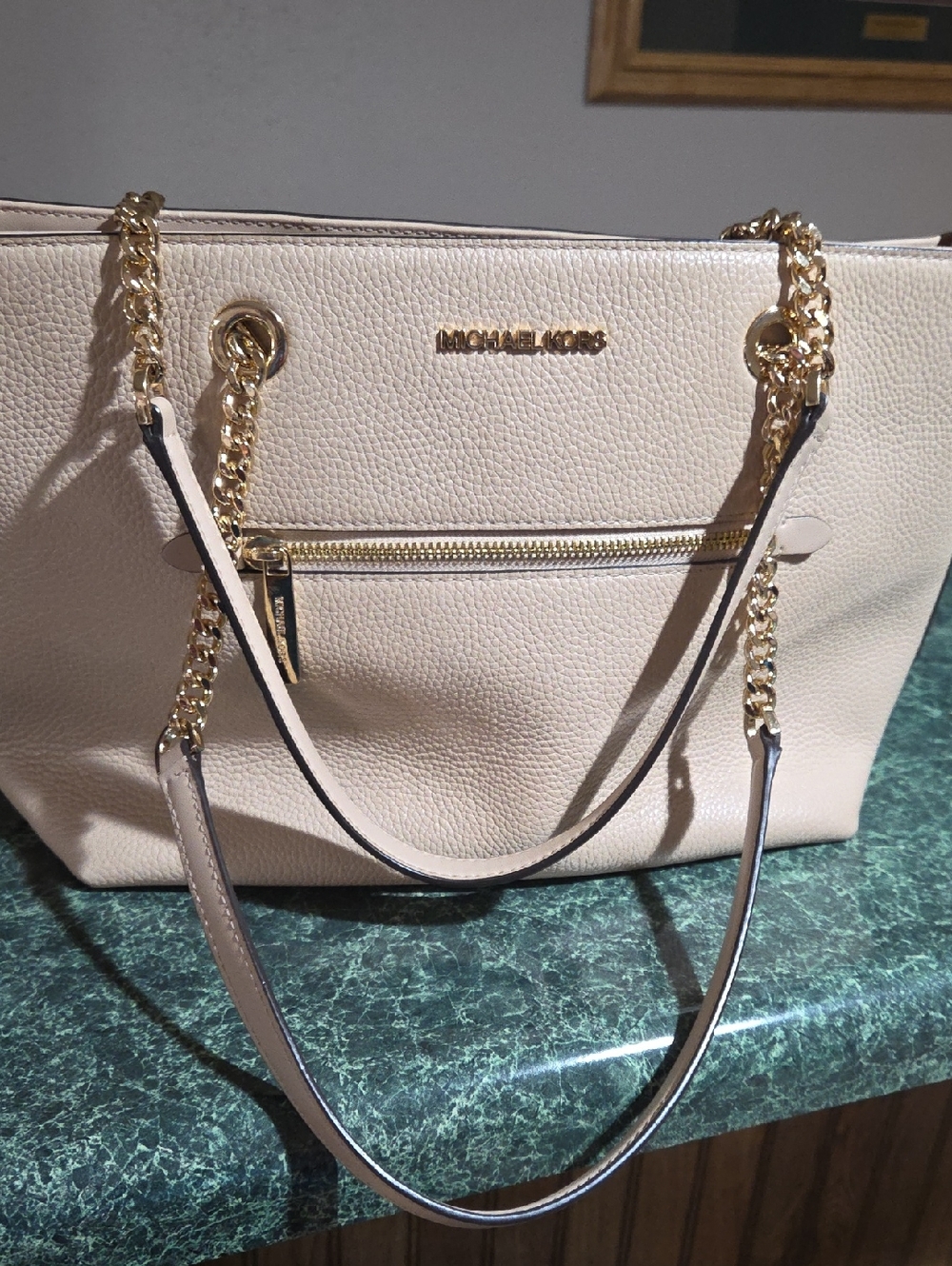 Michael Kors Pink Pebbled Leather Tote with Gold Chain Straps